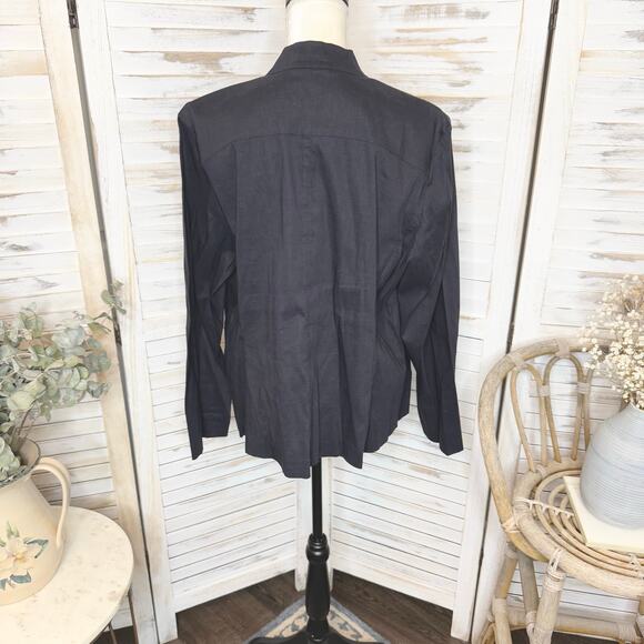 EILEEN FISHER Women's XL Italian Linen Button Blazer Black Mandarin Collar Moto - Picture 4 of 13